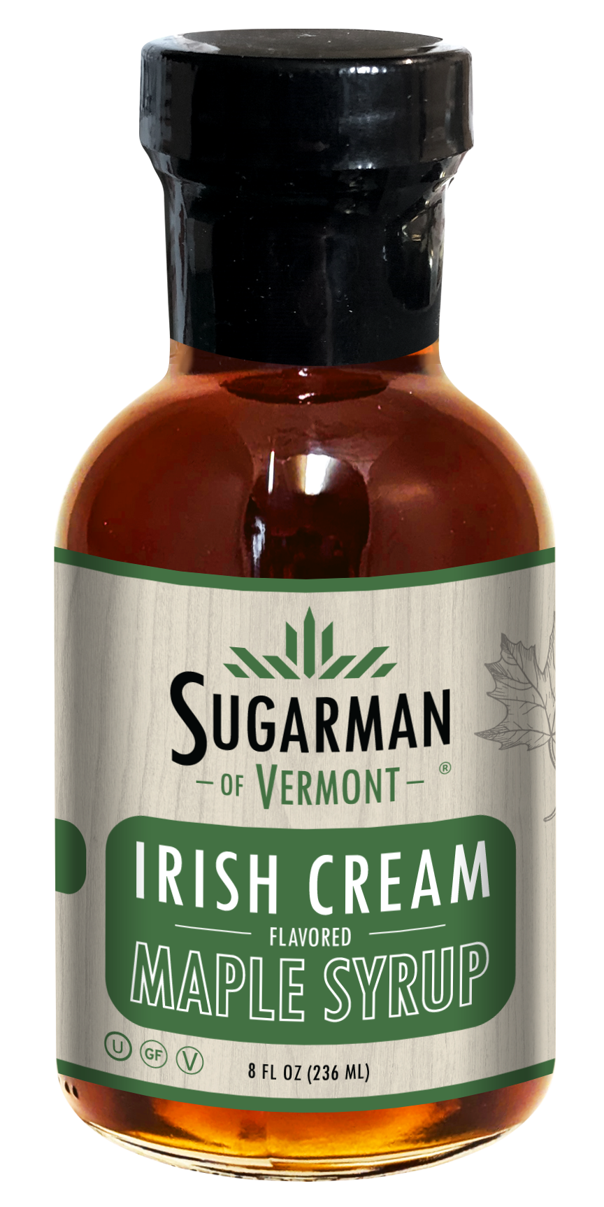 Brown bottle of Irish Cream flavored maple syrup by Sugarman of Vermont.